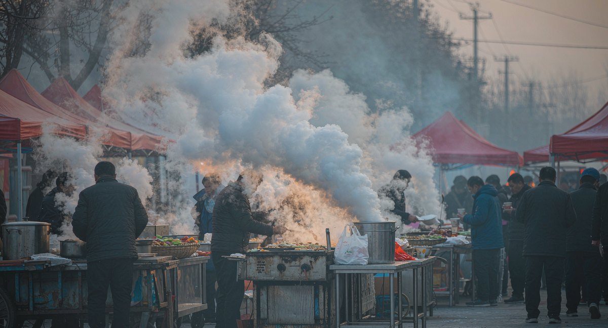 Steam pouring from food stalls at a dawn street market in northern China — AI-generated illustration, not a photograph of the actual market