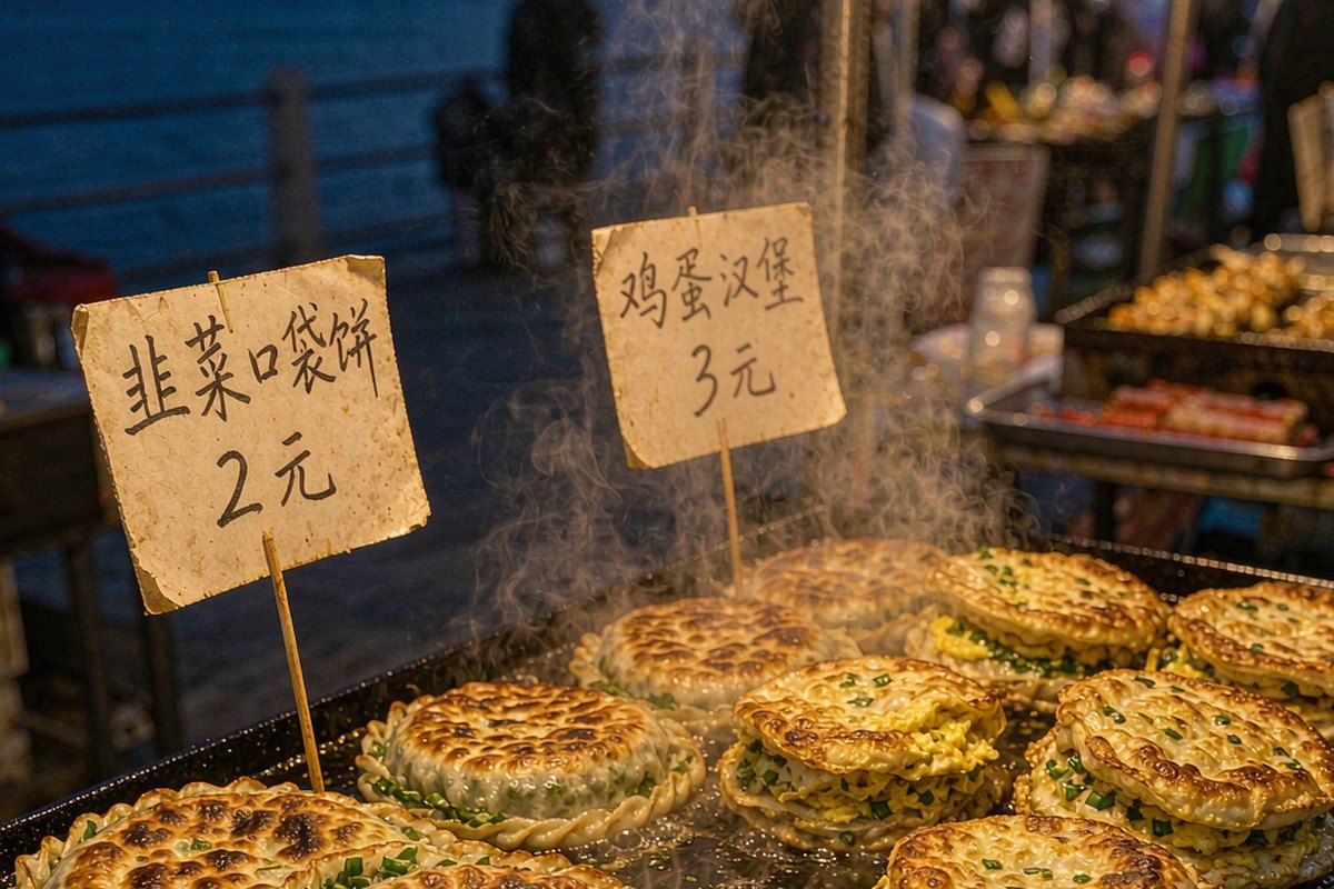 Chive pockets and egg burgers frying on a flat griddle at a border street market, with handwritten price signs behind — AI-generated illustration, not a photograph of the actual market