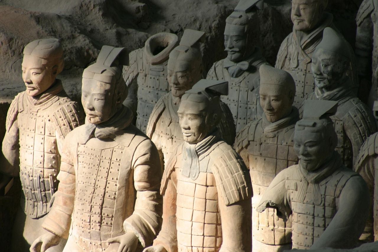 Rows of Terracotta Army warriors in their excavation pit outside Xi'an